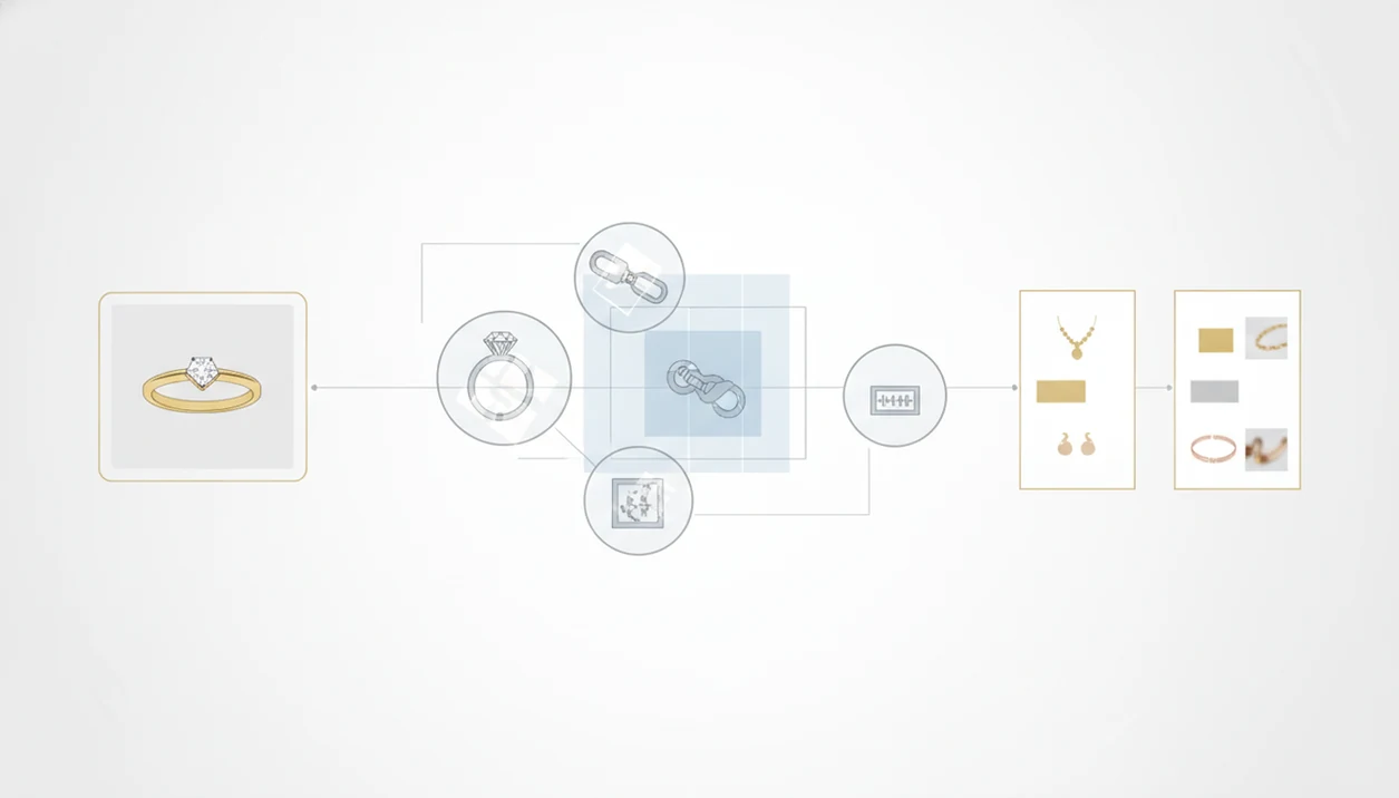 A clean diagram shows a jewelry photo moving through visual analysis into suggested matches.