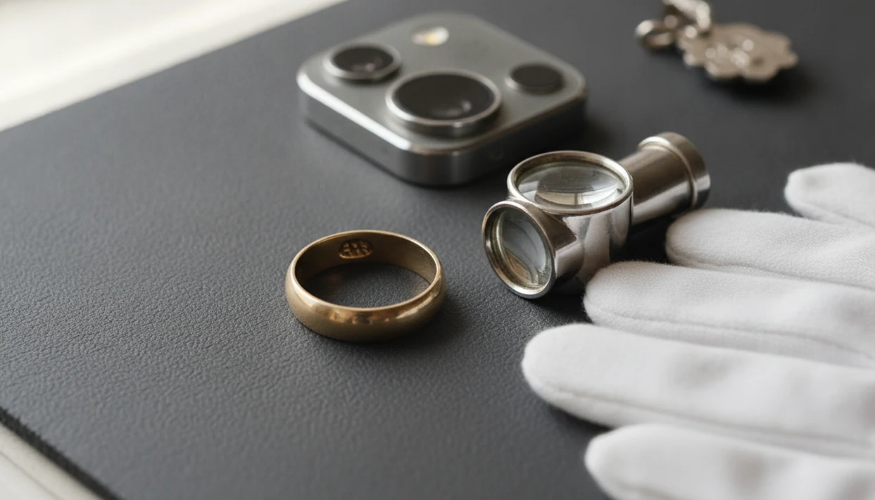 A close-up of vintage jewelry marks being examined with a loupe and phone camera on a jeweler’s pad.