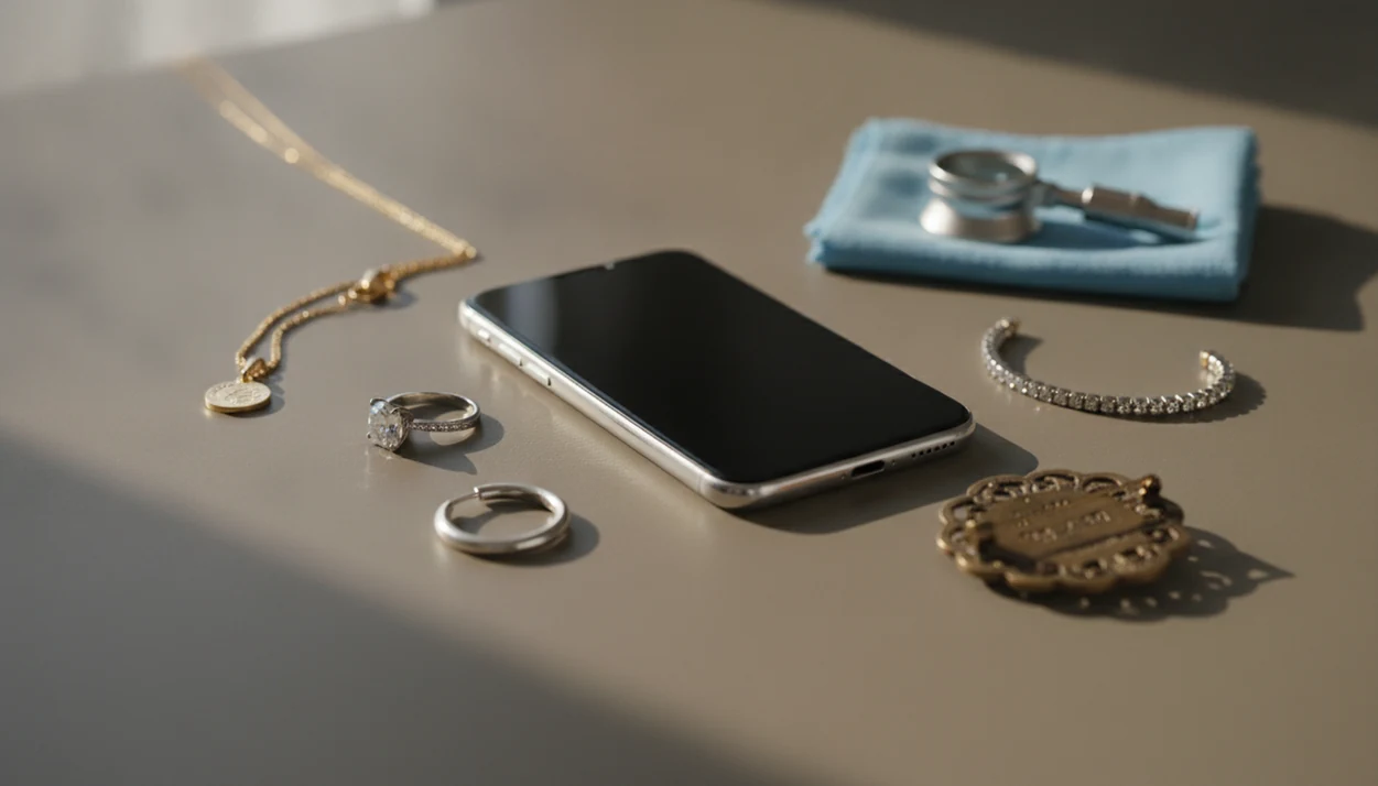 A phone beside rings, a necklace, earrings, a bracelet, and a loupe for photo jewelry identification.