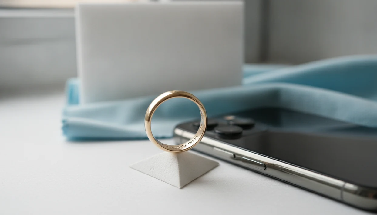 A close-up gold ring shows tiny worn marks inside the band beside a phone and jeweler’s loupe.
