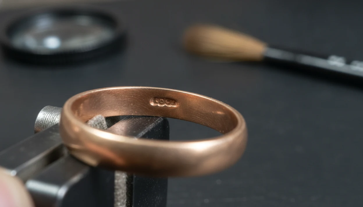 A macro view shows a worn hallmark area inside an antique ring under soft jeweler’s inspection light.