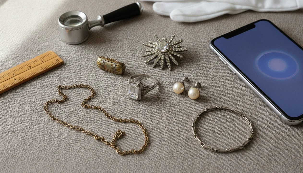 Vintage rings, brooches, and chains are arranged beside a phone, loupe, gloves, and ruler for identification.