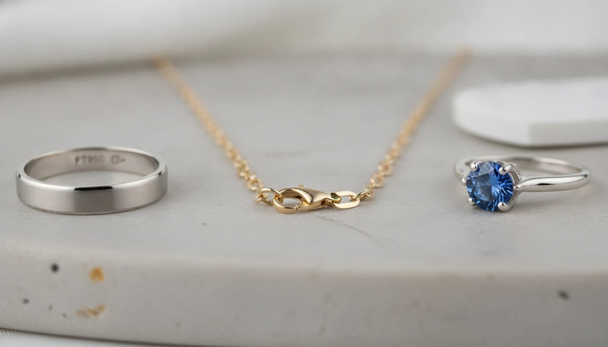 Close-up views show a ring stamp, necklace clasp, and gemstone setting for better jewelry ID photos.