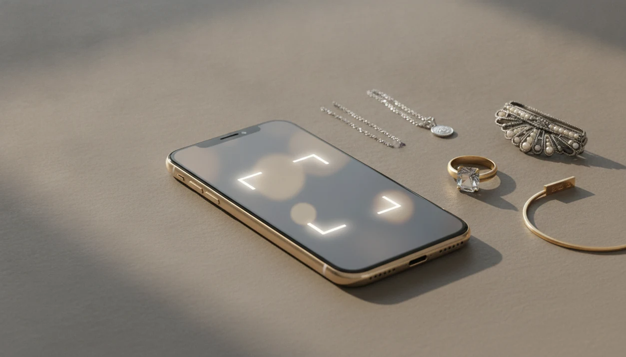 A phone scans assorted rings, chains, and vintage jewelry on a clean tabletop.