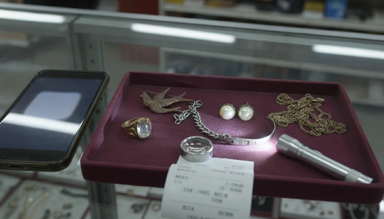 A thrift store jewelry tray with a phone, loupe, and flashlight set up to inspect secondhand pieces.
