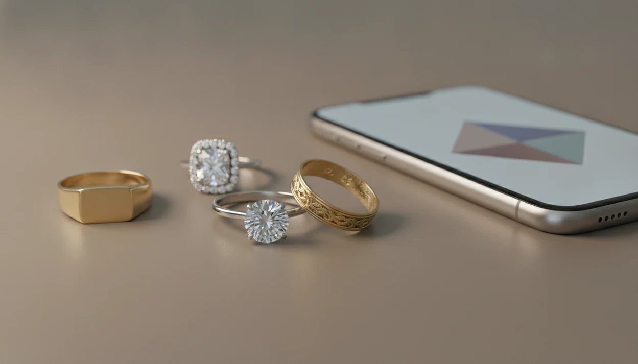 A gold ring sits beside a smartphone, loupe, and mirror for photo-based ring identification.