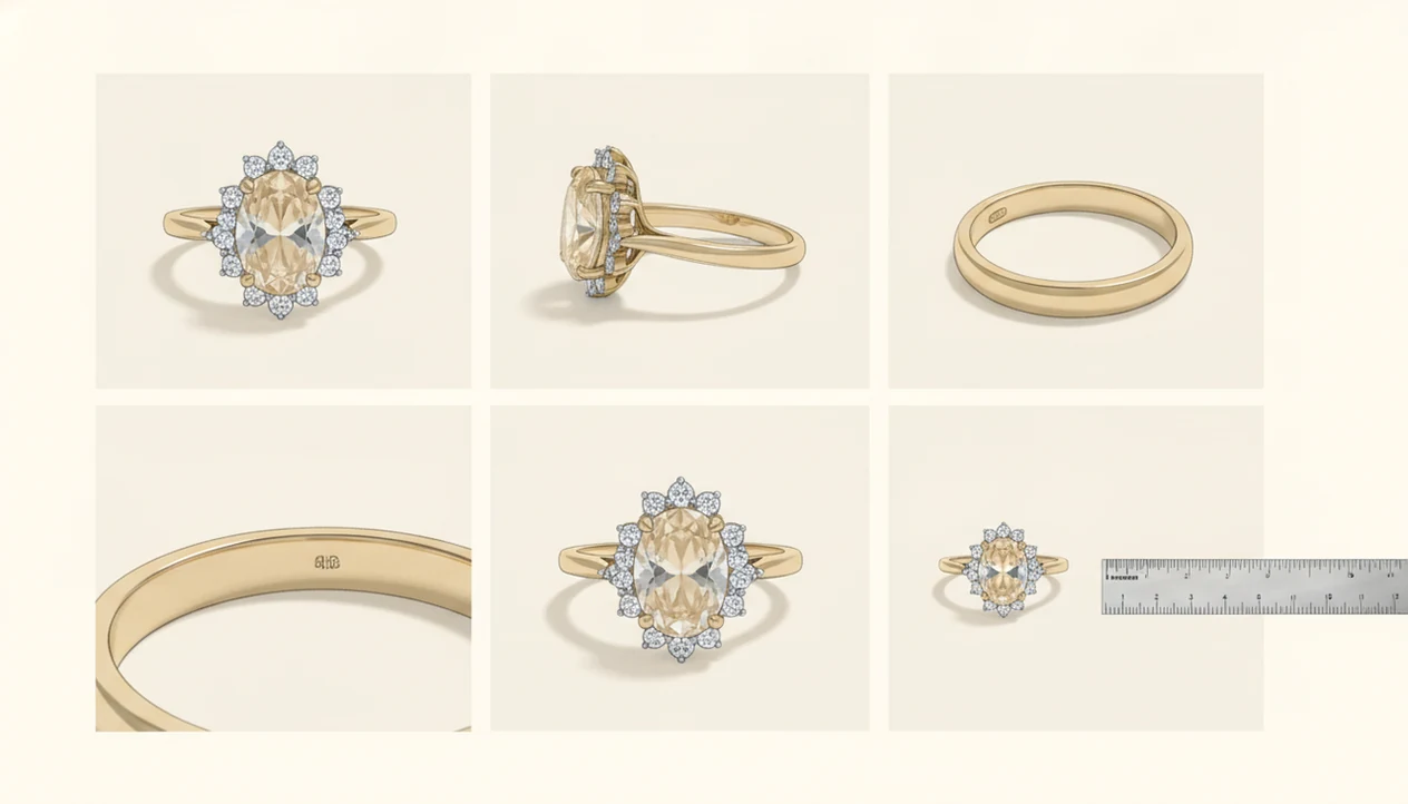 Several rings are positioned to show side, underside, inner band, and stone details for better photos.