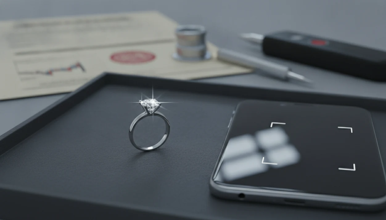 A diamond ring sits beside a phone, with jeweler testing tools blurred in the background.