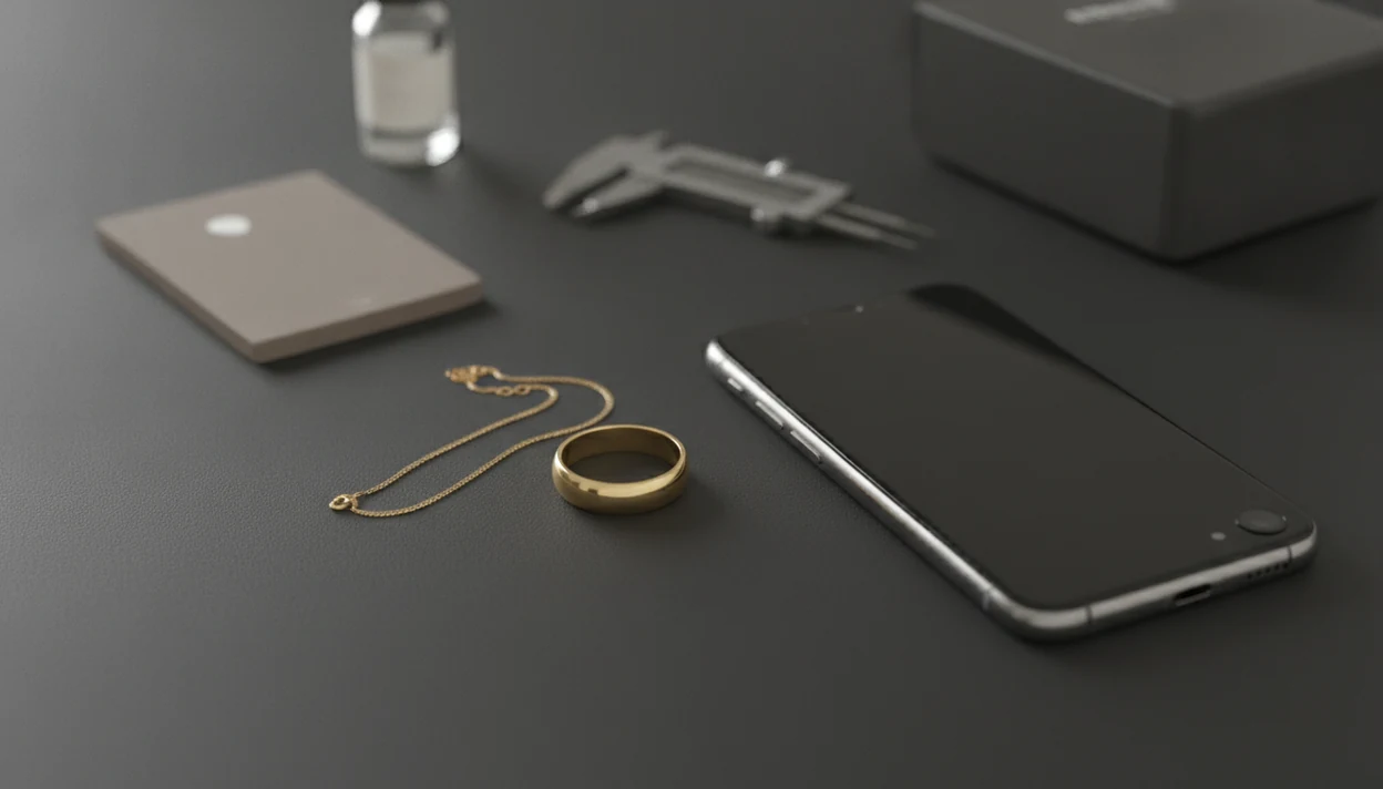 Gold jewelry sits beside a phone and testing tools, showing that photos need professional confirmation.