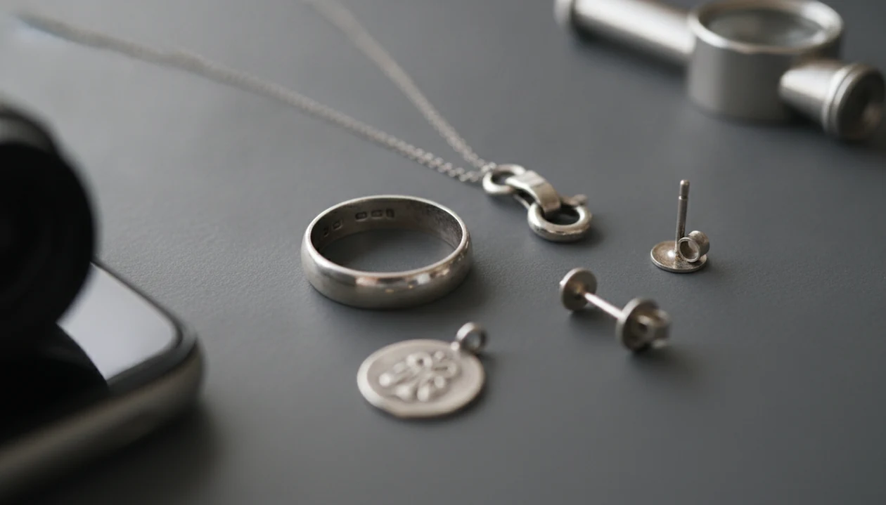 Silver jewelry, a clasp, ring, loupe, and phone arranged for a close photo inspection.
