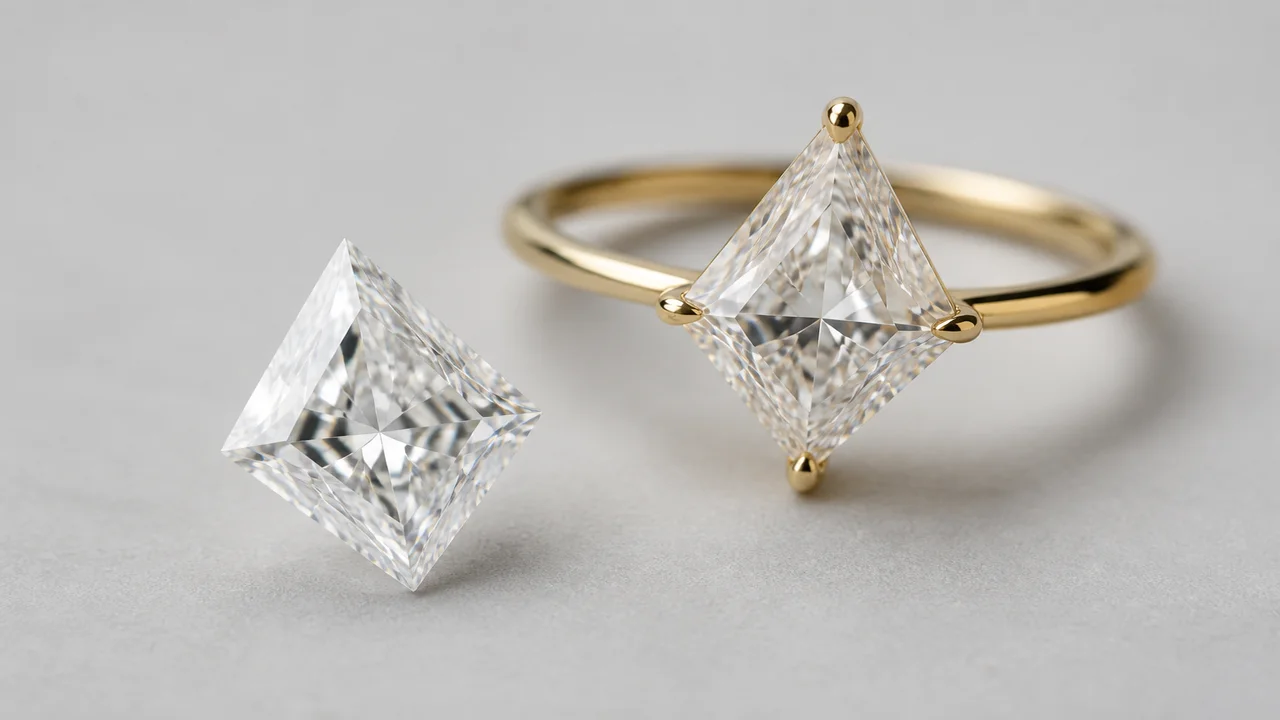 Multiple diamond-shaped stones in different ring settings photographed from above and the side