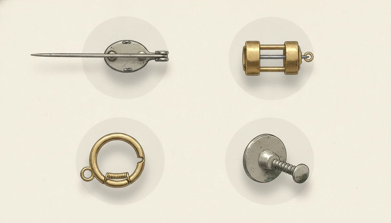 Close views of vintage jewelry clasps and findings showing construction details used for dating.