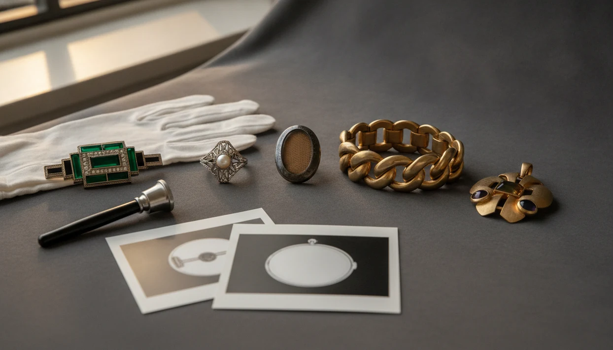 Vintage rings, brooches, lockets, and bracelets arranged with a loupe for photo-era identification.