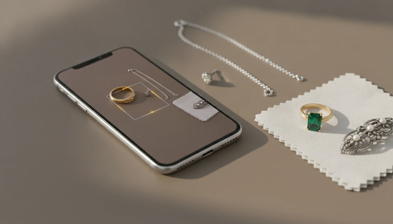 A smartphone beside rings, a necklace, and vintage jewelry with subtle scanning light effects.