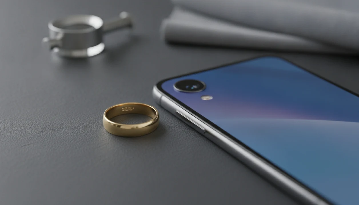 A smartphone camera is positioned beside a gold ring with a tiny hallmark on its inner band.
