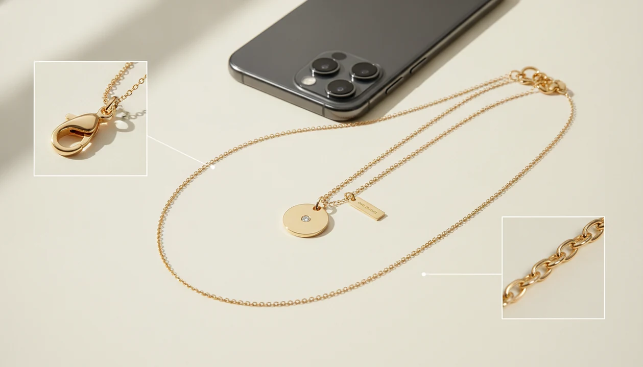 A necklace, clasp, chain detail, and stamp are arranged beside a smartphone for photo identification.