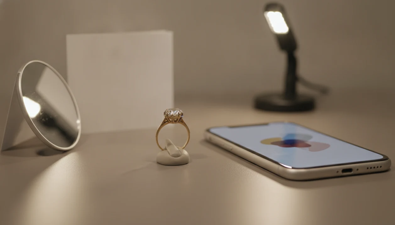 A smartphone, ring, loupe, and mirror arranged to show the photos needed for ring identification.