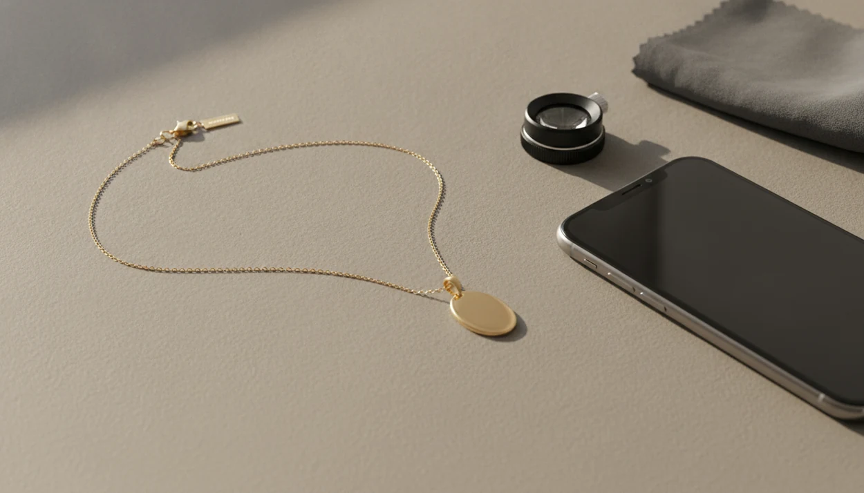 A gold pendant necklace laid out with a phone and jeweler’s loupe for photo identification.