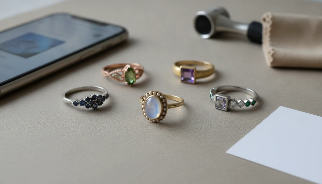 Similar rings arranged around a central ring with a phone and jeweler’s loupe for visual comparison.