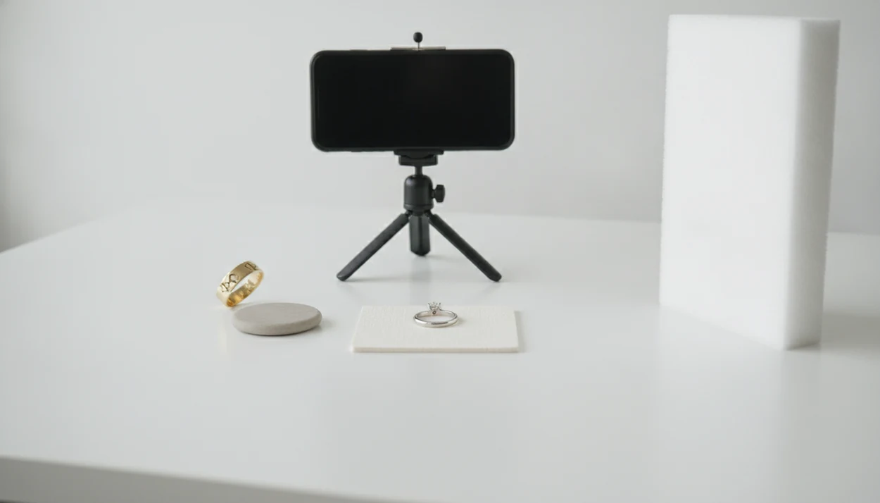 A ring is photographed on a plain surface with soft light, scale reference, and a tripod-mounted phone.