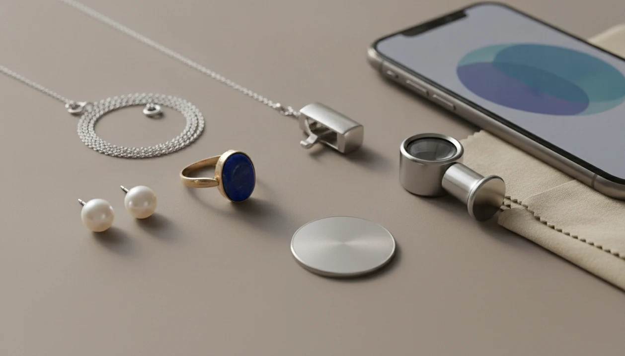 A phone sits beside rings, necklaces, and vintage jewelry arranged for photo identification.