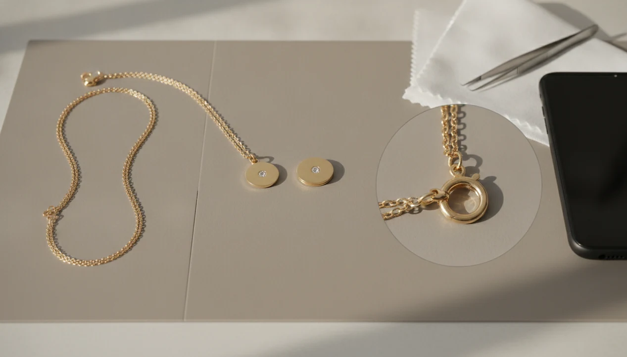 A necklace, pendant, clasp, loupe, and phone are arranged for photo-based jewelry identification.