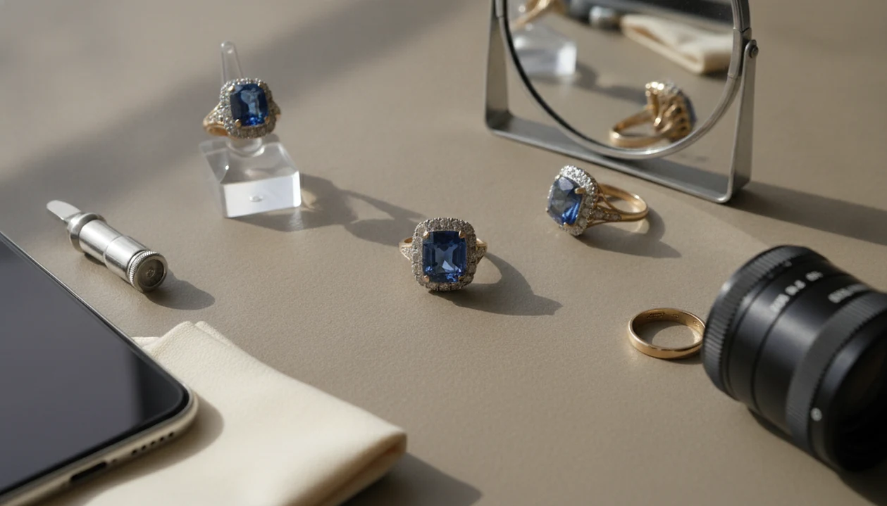 A ring is staged with a phone, loupe, mirror, and macro lens for photo-based identification.
