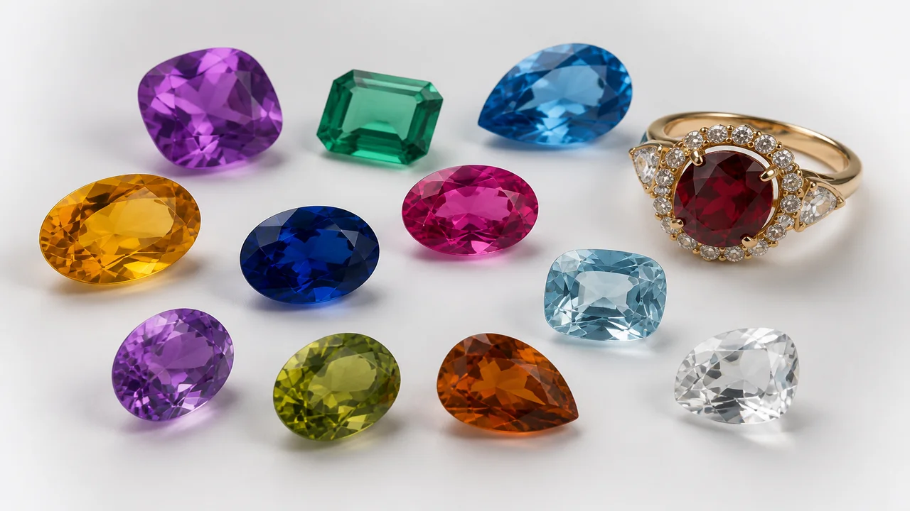 Colored gemstones in rings and pendants photographed against a neutral background from several angles