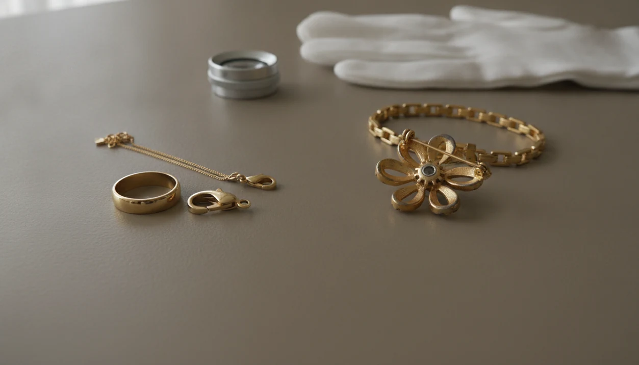 Gold-colored fine and costume jewelry are compared on a tabletop with a loupe for visual inspection.