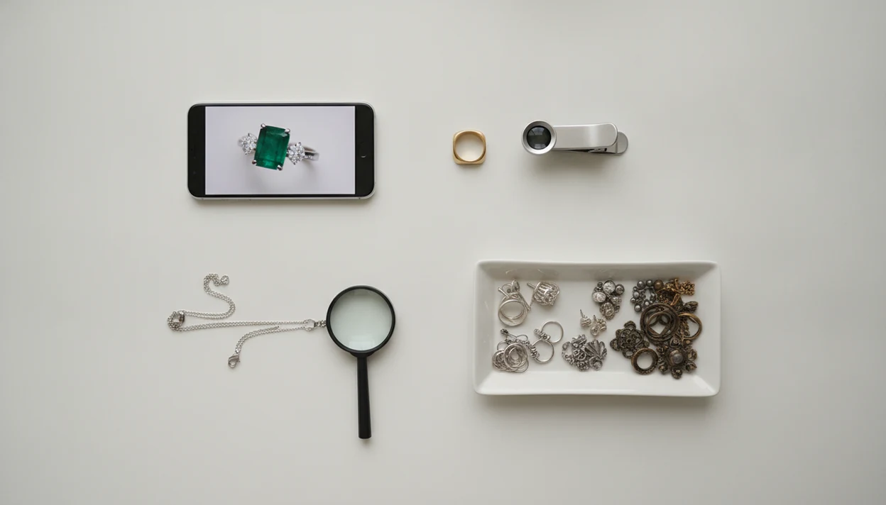 An organized jewelry photo workflow shows a phone, macro lens, magnifier, clasp, and sorted pieces on a table.