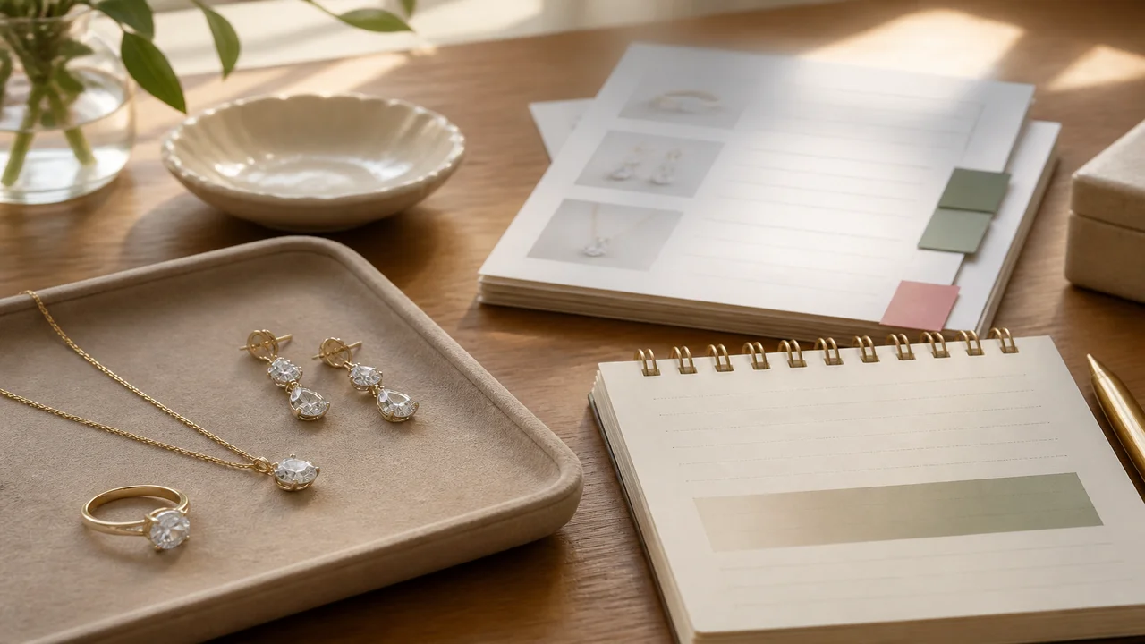 Jewelry pieces beside sold-comparable notes used to estimate how much an item is worth