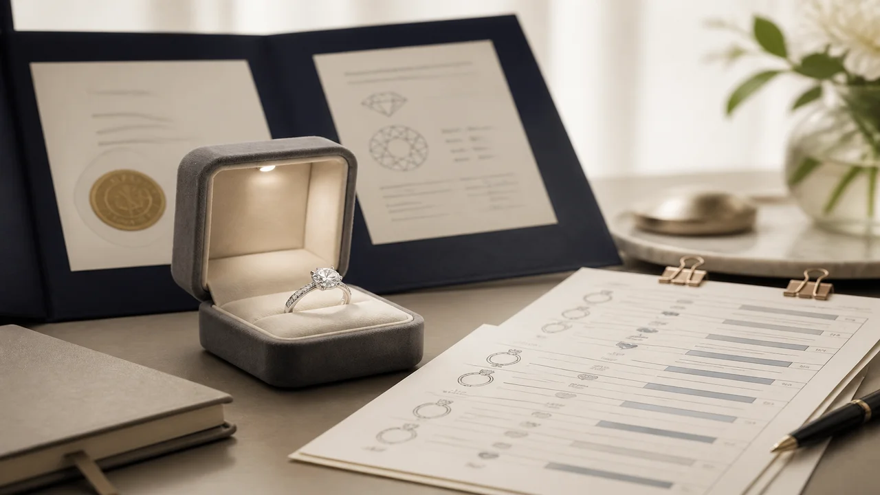 Diamond ring beside certificate folder and comparable sale notes for a value estimate