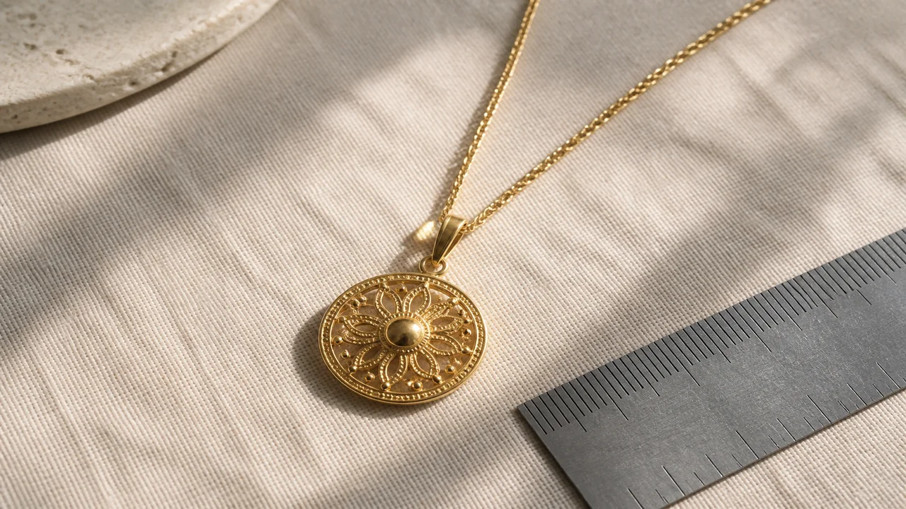 Necklace arranged beside a scale, ruler, hallmark close-up, and comparable-sale notes