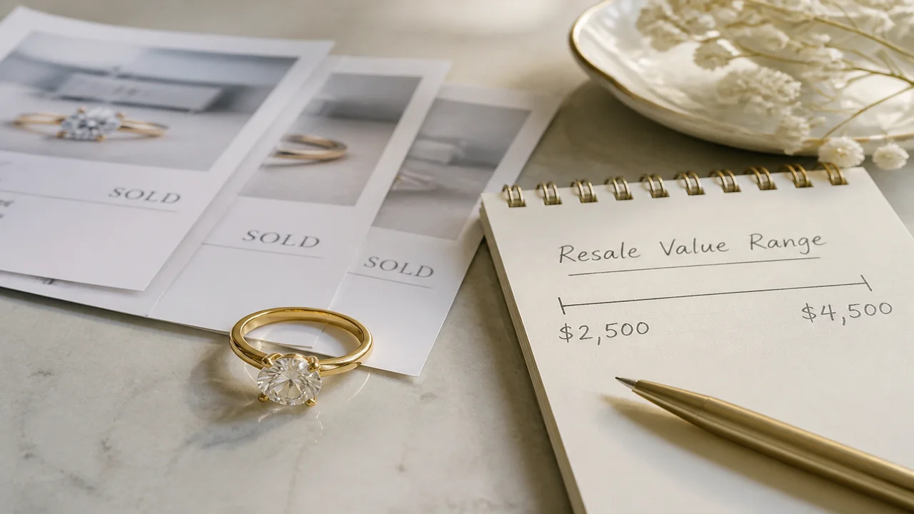 Ring photographed beside a ruler, scale, loupe, and sold-comparable notes for an estimate
