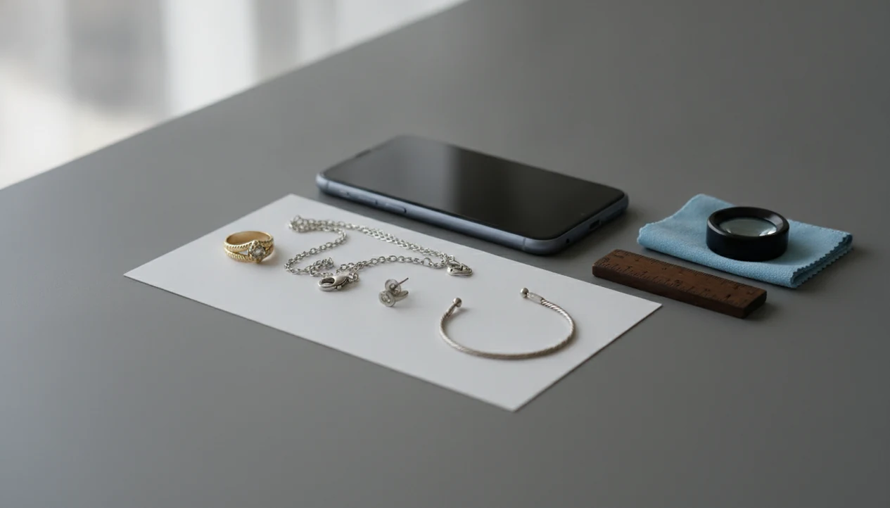 A phone is set up to photograph rings, chains, clasps, and earrings on a plain tabletop.