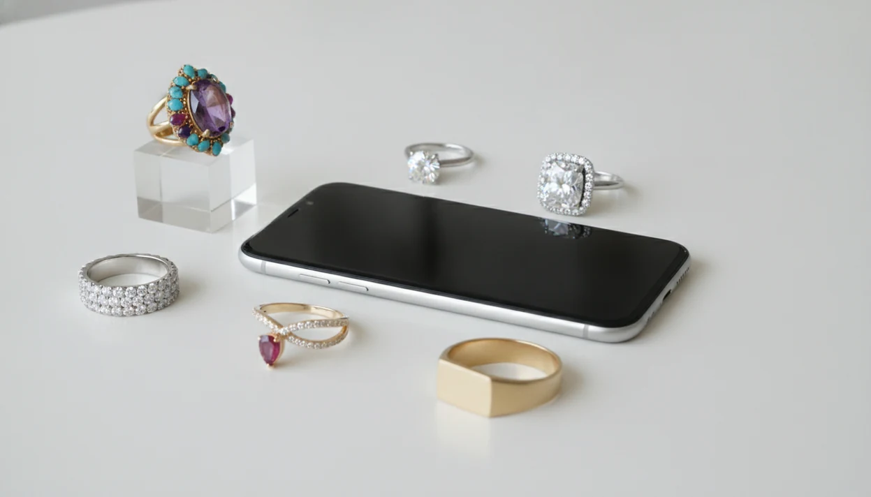 A phone beside six different ring styles arranged for front and side photo identification.