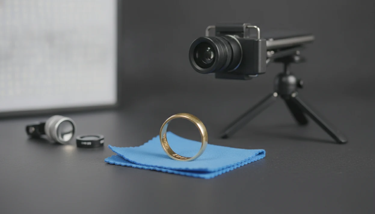 A phone macro setup photographs a tiny stamp inside a gold ring under soft side light.