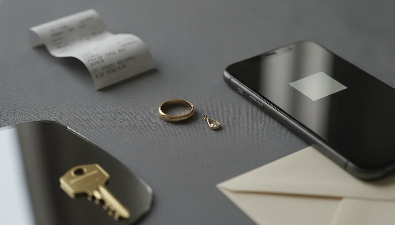A ring and pendant are photographed on plain cloth beside a phone, with personal items blurred at the edges.