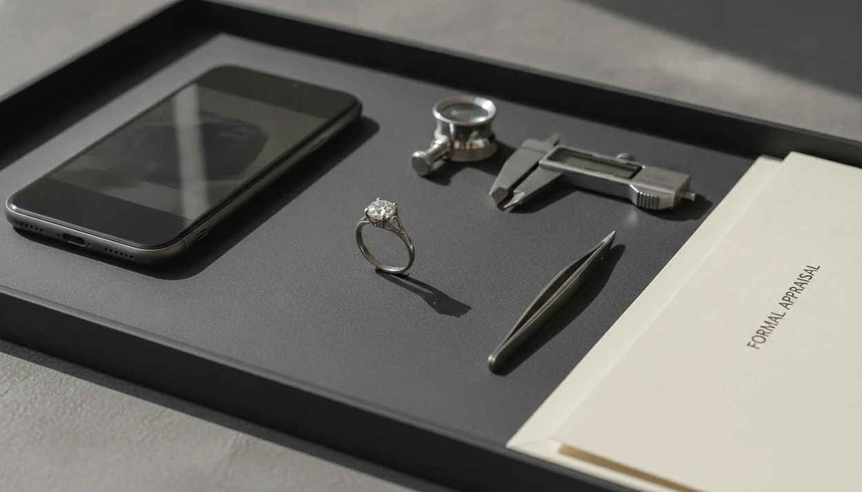 A ring sits between a phone and professional appraisal tools, showing the contrast between quick photo checks and verified inspection.