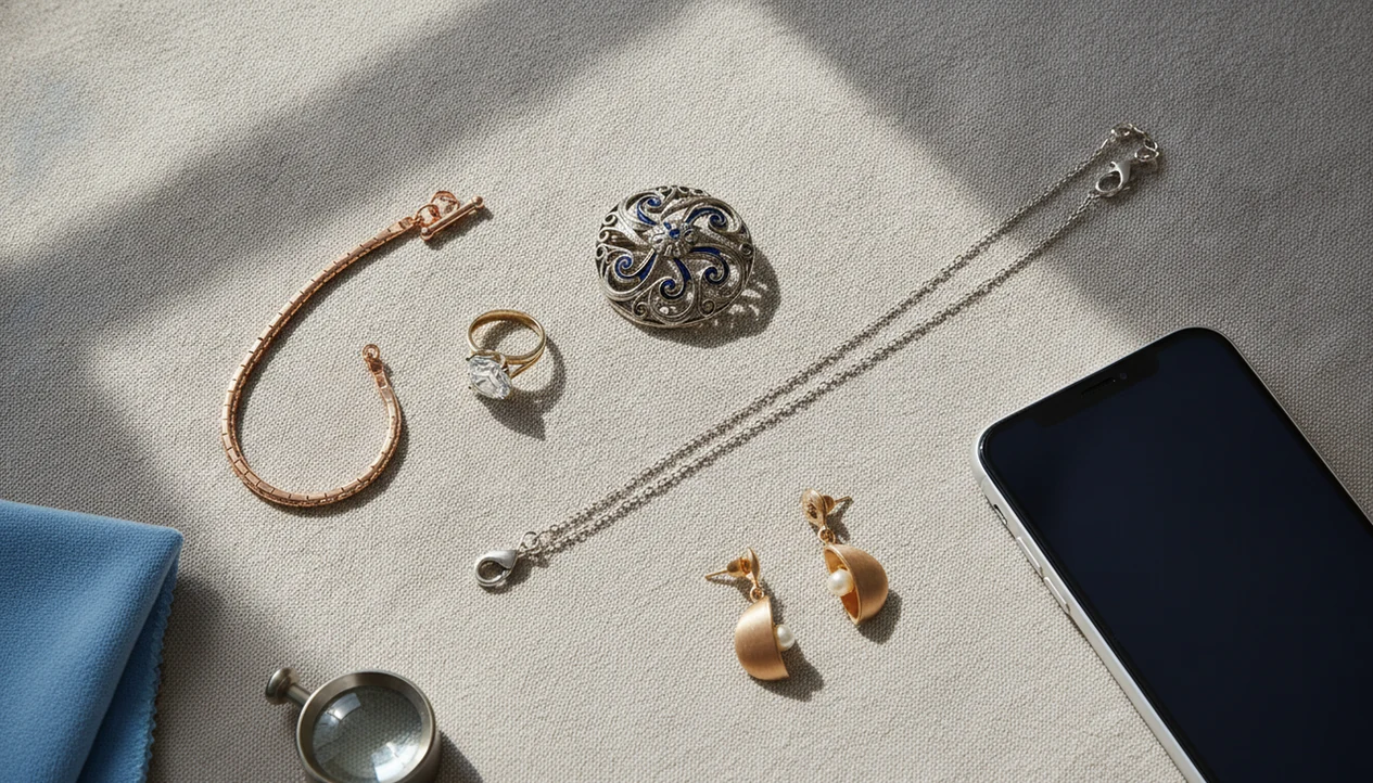 A smartphone lies beside assorted rings, necklaces, earrings, and a loupe ready for jewelry photo identification.