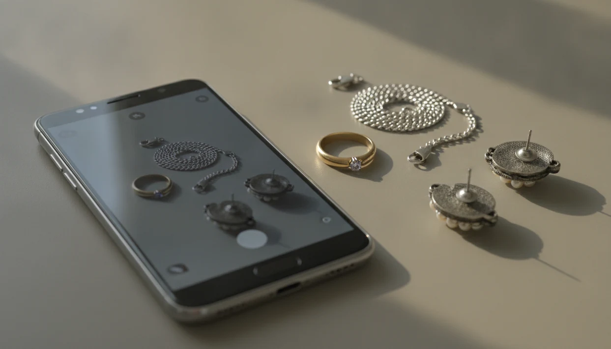 An Android phone beside rings, a necklace, and an earring prepared for jewelry photo identification.