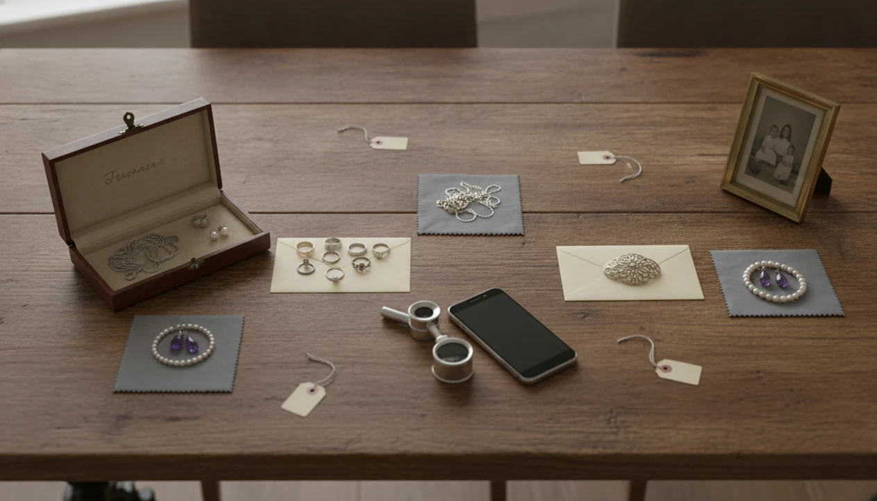 Inherited rings, necklaces, and brooches are sorted on envelopes beside a loupe and phone.