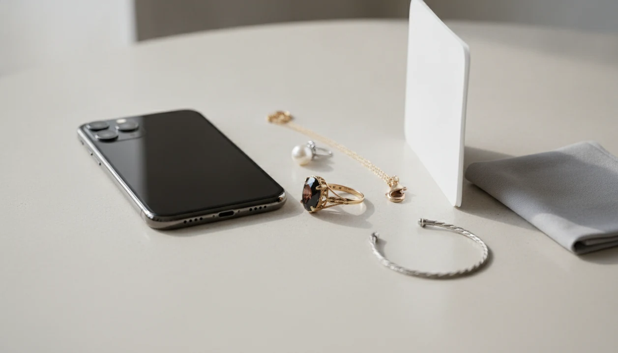 An iPhone camera setup photographs rings, chains, and vintage jewelry on a neutral tabletop.