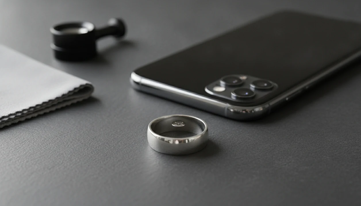 A smartphone camera scans the tiny hallmark inside a silver ring on a jeweler’s work surface.