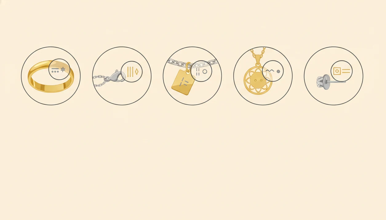 An illustrated grid shows five jewelry areas where purity marks and maker symbols are commonly stamped.
