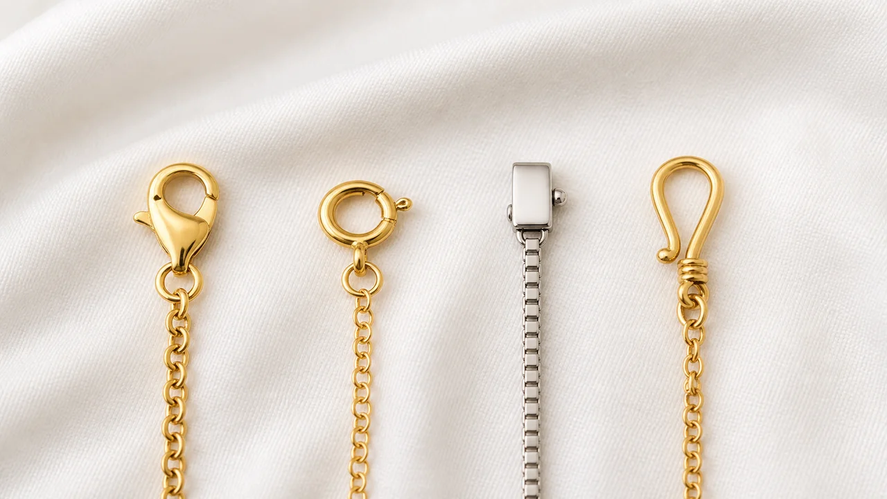 Row of hook, box, barrel, spring-ring, lobster, toggle, and fishhook necklace clasps