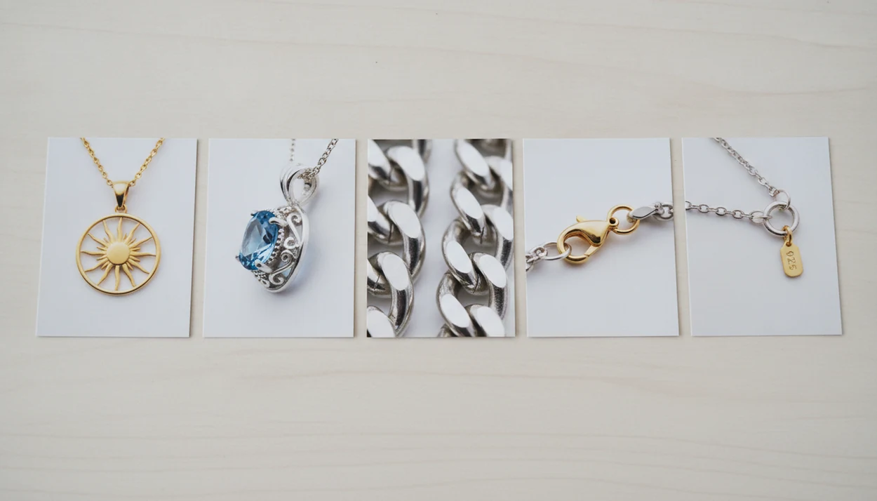 Five necklace photo angles show the pendant, side setting, chain links, clasp, and hallmark tag.