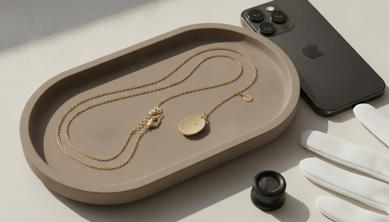 A necklace, clasp, pendant, phone camera, and jeweler’s loupe arranged for photo identification.