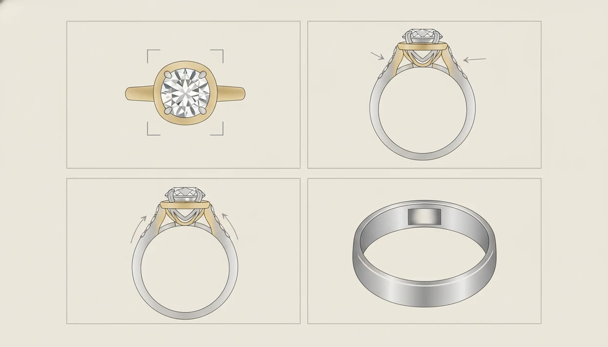 An illustrated guide shows four useful ring photo angles, including front, side, shoulder, and inside band.