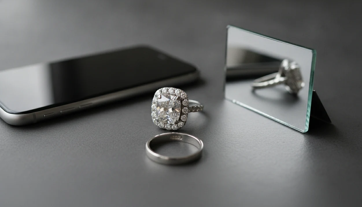 A ring is photographed from multiple angles beside a phone to show style, setting, stone, and stamp clues.